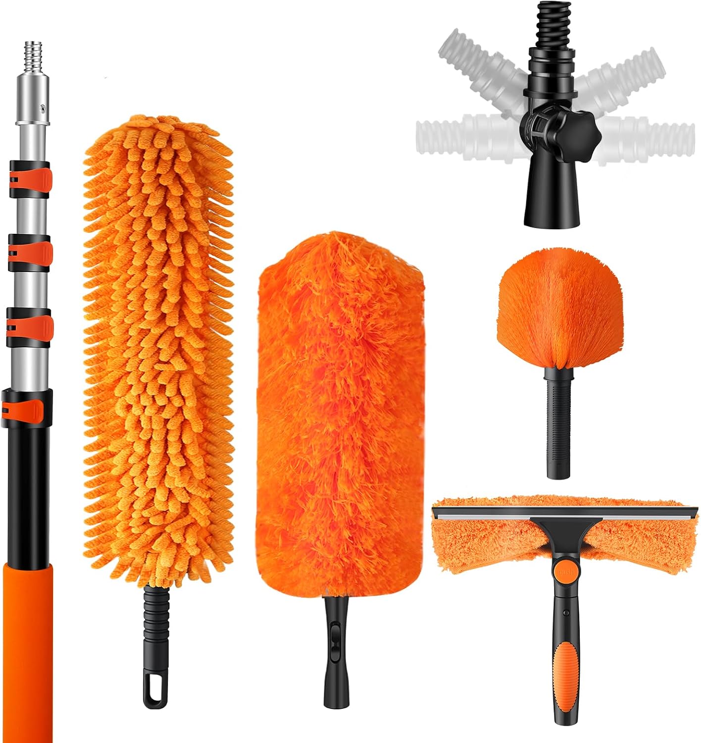 20ft High Reach Duster Kit with Extendable Pole 5-12ft,High Ceiling Duster Kit Includes Ceiling Fan Blade Cleaner, Cobweb Remover, Bendable Duster, Microfiber Glass Scrubber & Squeegee & Swivel Head