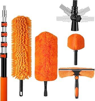 20ft High Reach Duster Kit with Extendable Pole 5-12ft,High Ceiling Duster Kit IncludesCeiling Fan Blade Cleaner, Cobweb Remover, Bendable Duster, Microfiber Glass Scrubber & Squeegee & Swivel Head