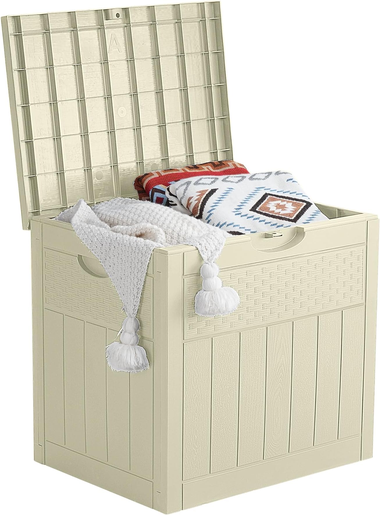 EHHLY 33 Gallon Deck Box, Small Outdoor Storage Box Waterproof, Lockable Secure Package Bin Delivery Box for Outside Front Porch, Patio Cushions Storage Box, Delivery Driver Snack Box for Porch, White