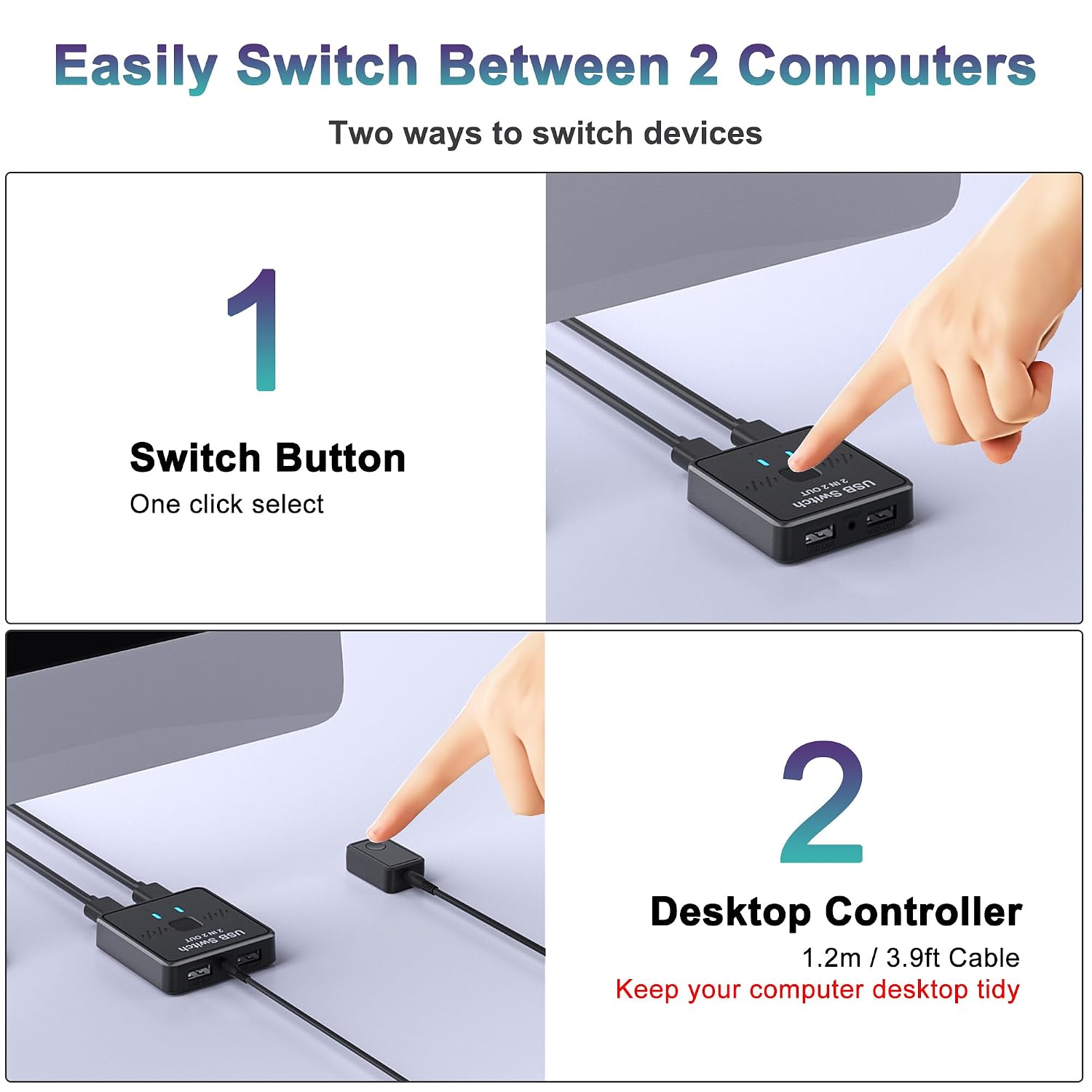 USB Switch 2 in 2 Out, USB Switcher 2 Computers Sharing Keyboard and Mouse Printer Scanner Webcam, Printer Splitter for 2 Computers, 2 Port USB Selector with 2 USB Cables and External Controller