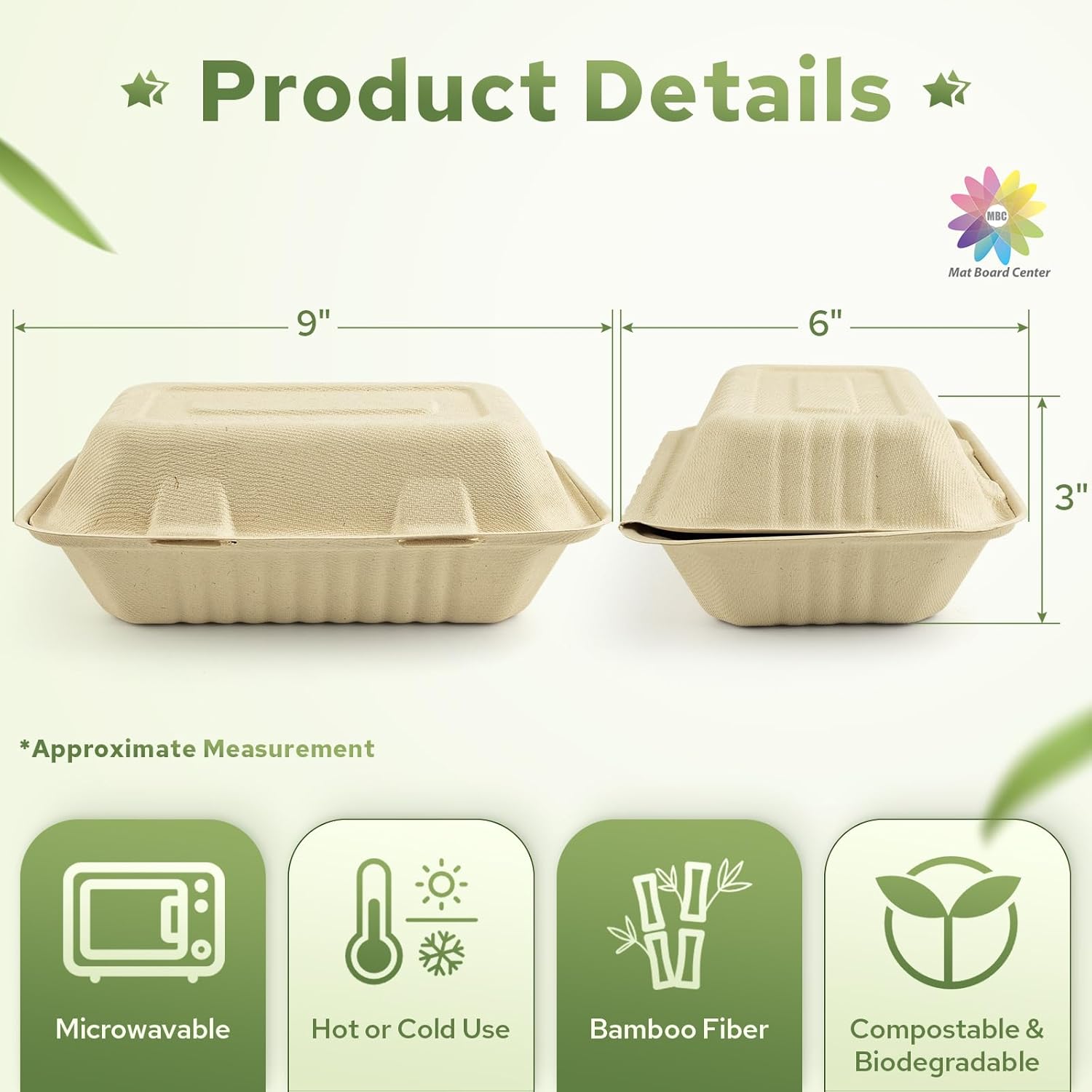 Mat Board Center, 9x 6x 3 inch, 250-Count Ribbed Hamburger Compostable Clamshell Bamware (Bamboo Fiber) Take-Out/to-Go Food Boxes-Biodegradable Containers Hinged Lid-Microwave-Safe-Gluten-Free