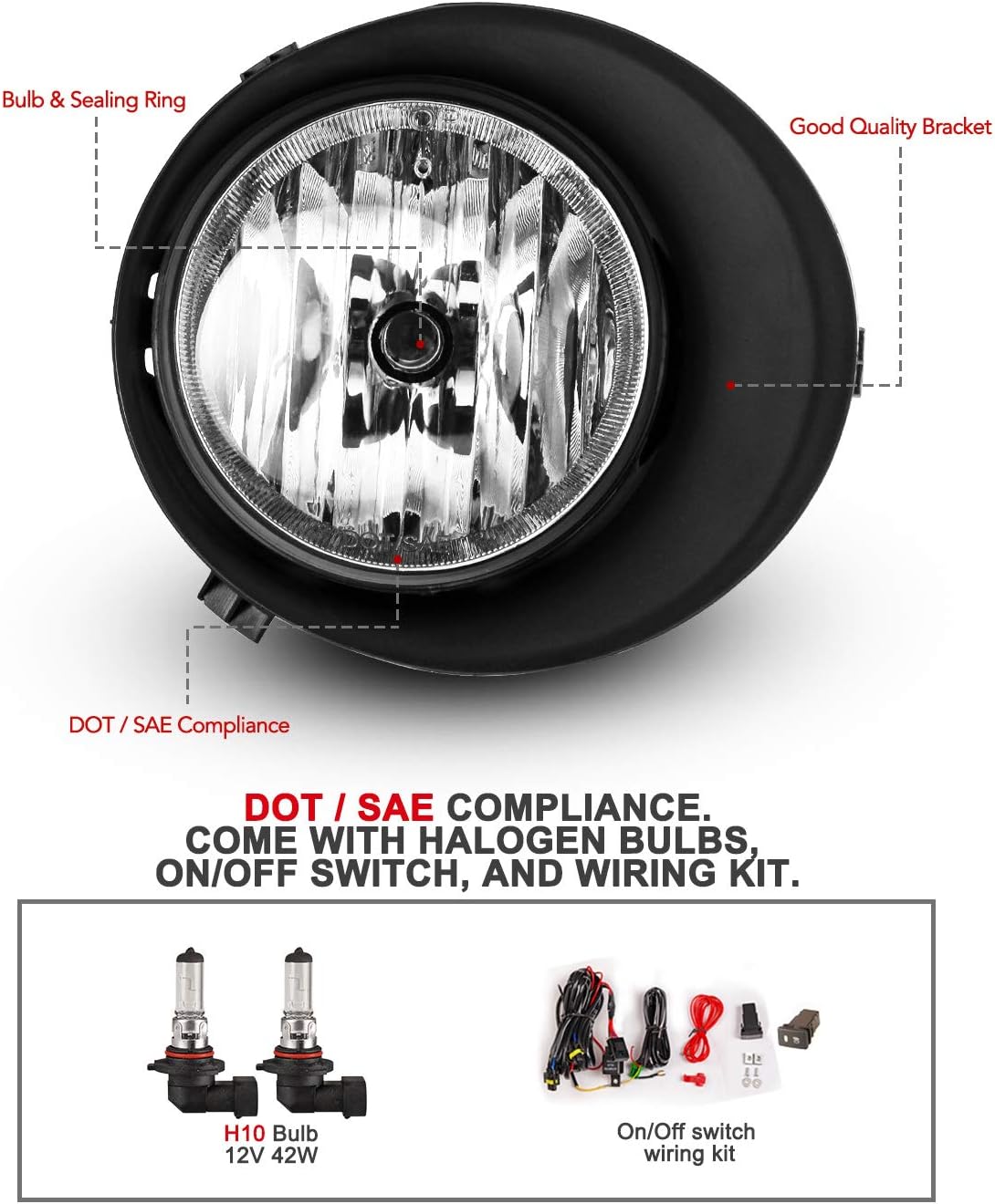 AUTOWIKI Fog Lights for 2007-2013 Toyota Tundra, 2008-2011 Toyota Sequoia (w/Metal Bumper Only) 1 Pair Fog Lamps Assembly Replacement with Switch and Wiring Harness