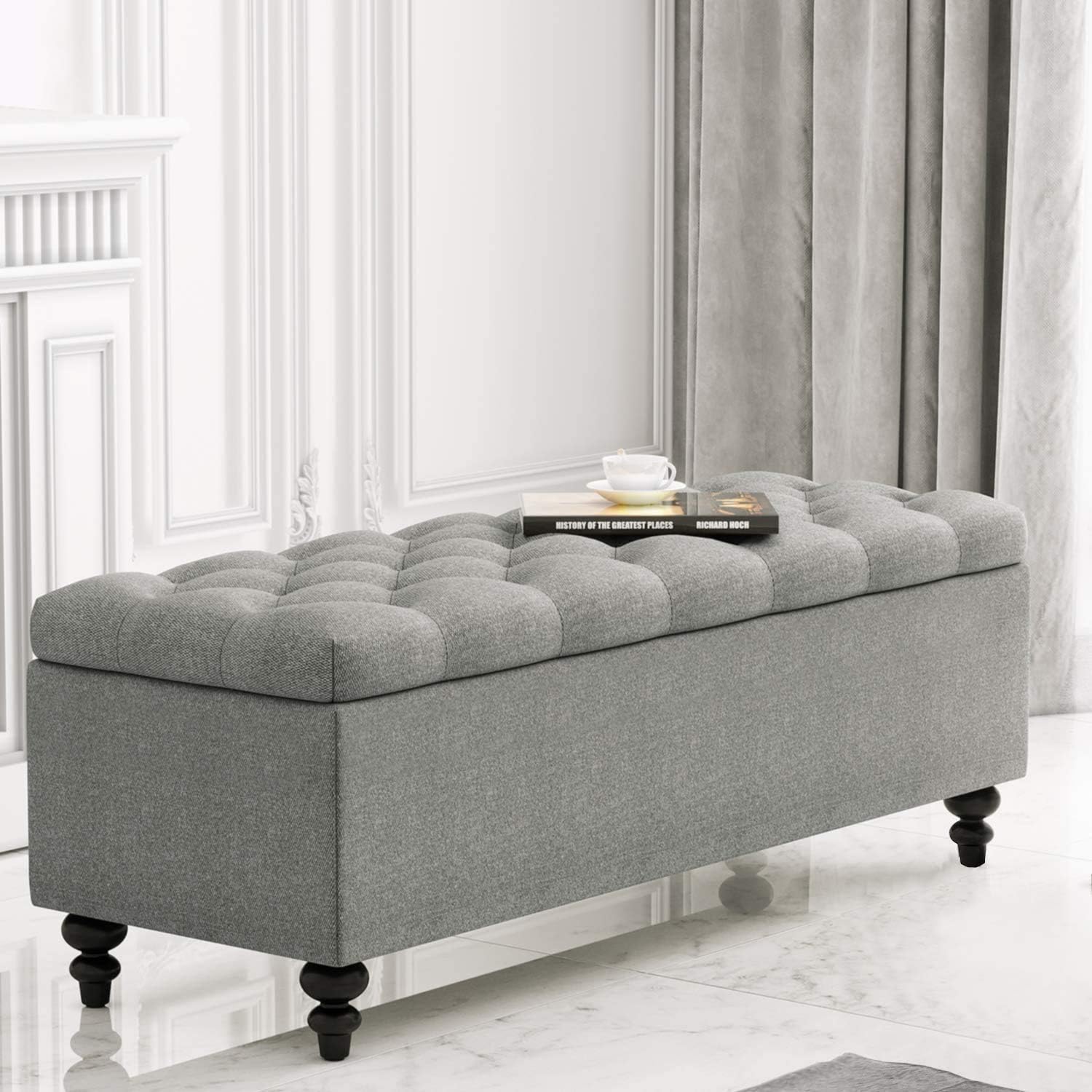 Wooden Large Upholstered Tufted Storage Bench/Ottoman Pouffe Footstool Bed End Table Settee Sofa Bench with Storage [L50xD18xH18, Grey]