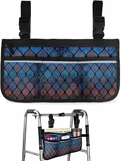 Boho Wheelchair Side Storage Bag Moroccan Trellis Blue Red Black Geometric Flower Texture Armrest Pouch with Cup Holder and Reflective Strip Wheelchair Accessories Organizer Bags for Walkers Rollator