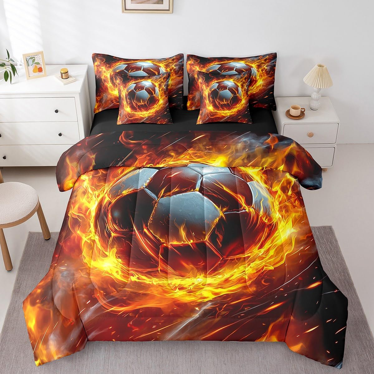 Erosebridal Football Queen Comforter Set 7 Piece Kids for Boys Girls Teen,Sports Theme Bedding Set Soccer Ball Pattern Bed in A Bag Red Flame Ball Games Sheet Set with Comforter
