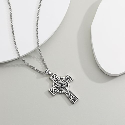 Miniatura 5 de LES OSEWA Collar de cruz celta para hombre, dije de cruz de plata de ley, collar de nudo de trinidad celta, triquetra, buena suerte, joyería celta