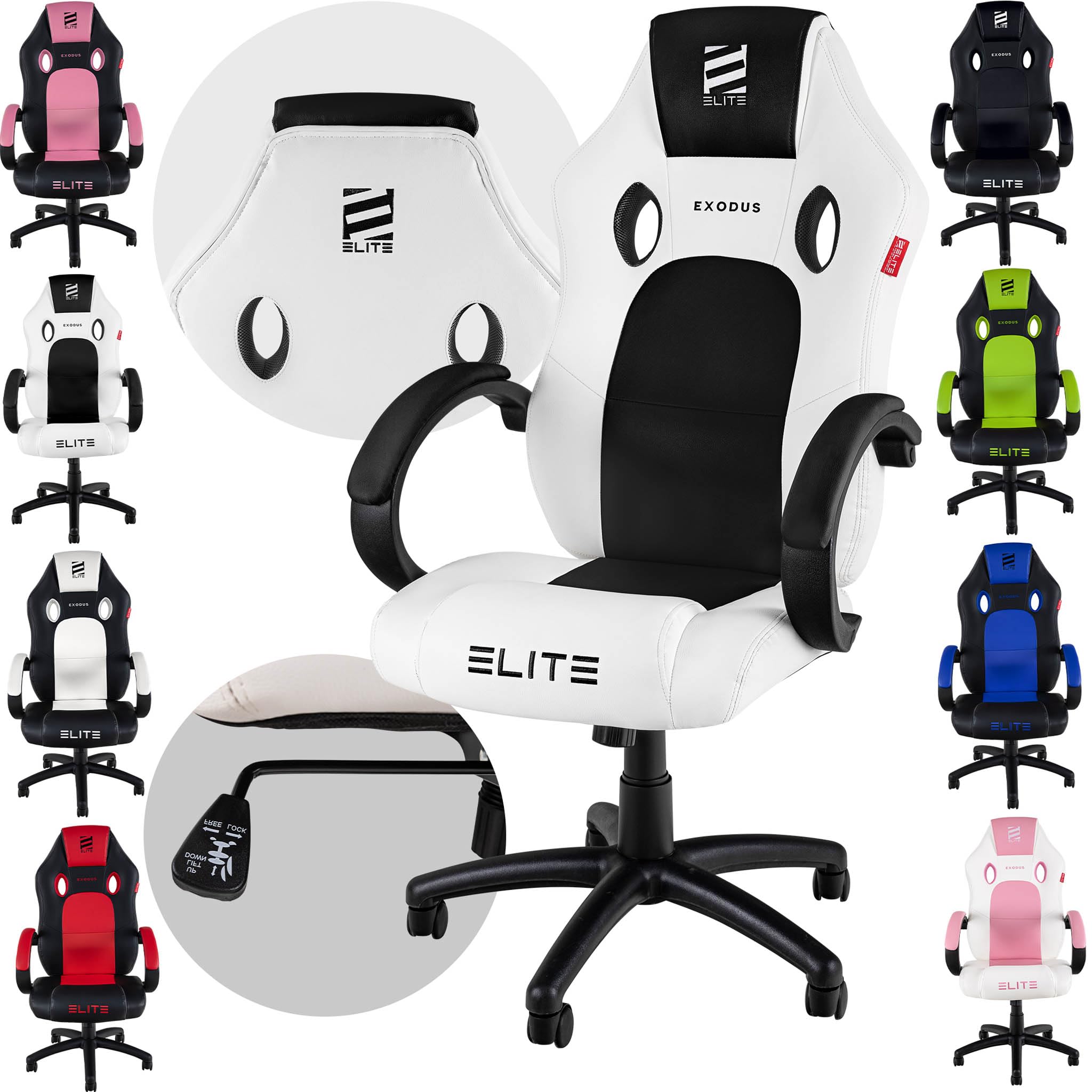 ELITE Gaming Stuhl MG100 Exodus | Ergonomischer Bürostuhl - Schreibtischstuhl - Chefsessel - Sessel - Racing Gaming Stuhl - Gamingstuhl - Drehstuhl - Chair - Kunstleder Sportsitz (Weiß/Schwarz)