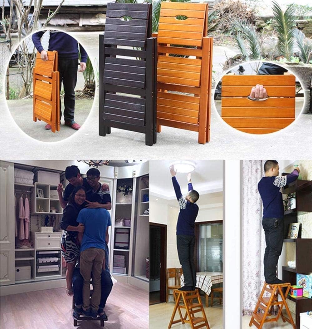 Folding Step Stool Solid Wood Flower Shelf 3 Step Safety Stepladder Kitchen Office Ladder Stool Indoor Ascend Chair (Color : Brown)