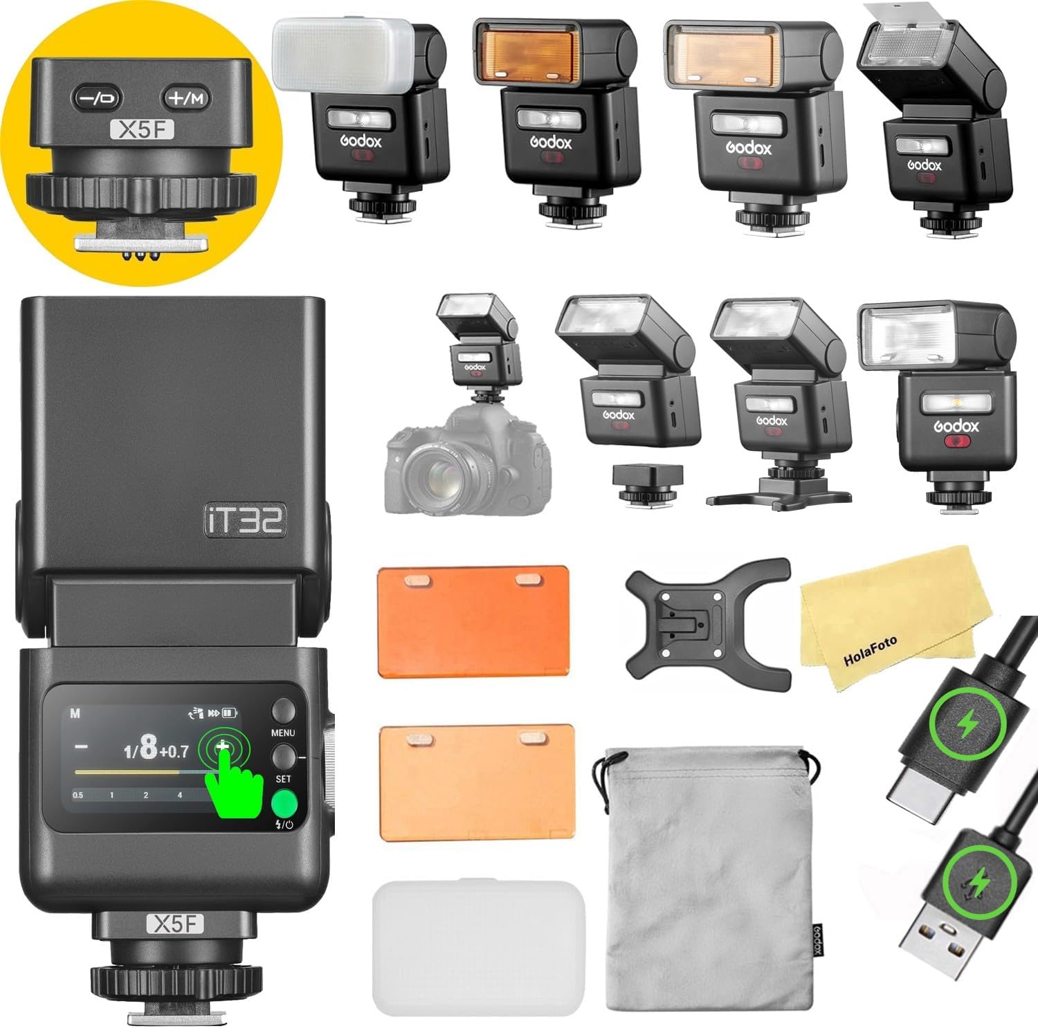 GODOX iT32 TTL Camera Flash with X5F Flash Trigger for Fuji Camera,Magnetic Hotshoe & Trigger 2-in-1,Touch Color Screen,Rotatable Flash Head,LED Modeling Lamp,1.5s Recycle Time,510 Full Power Flashes