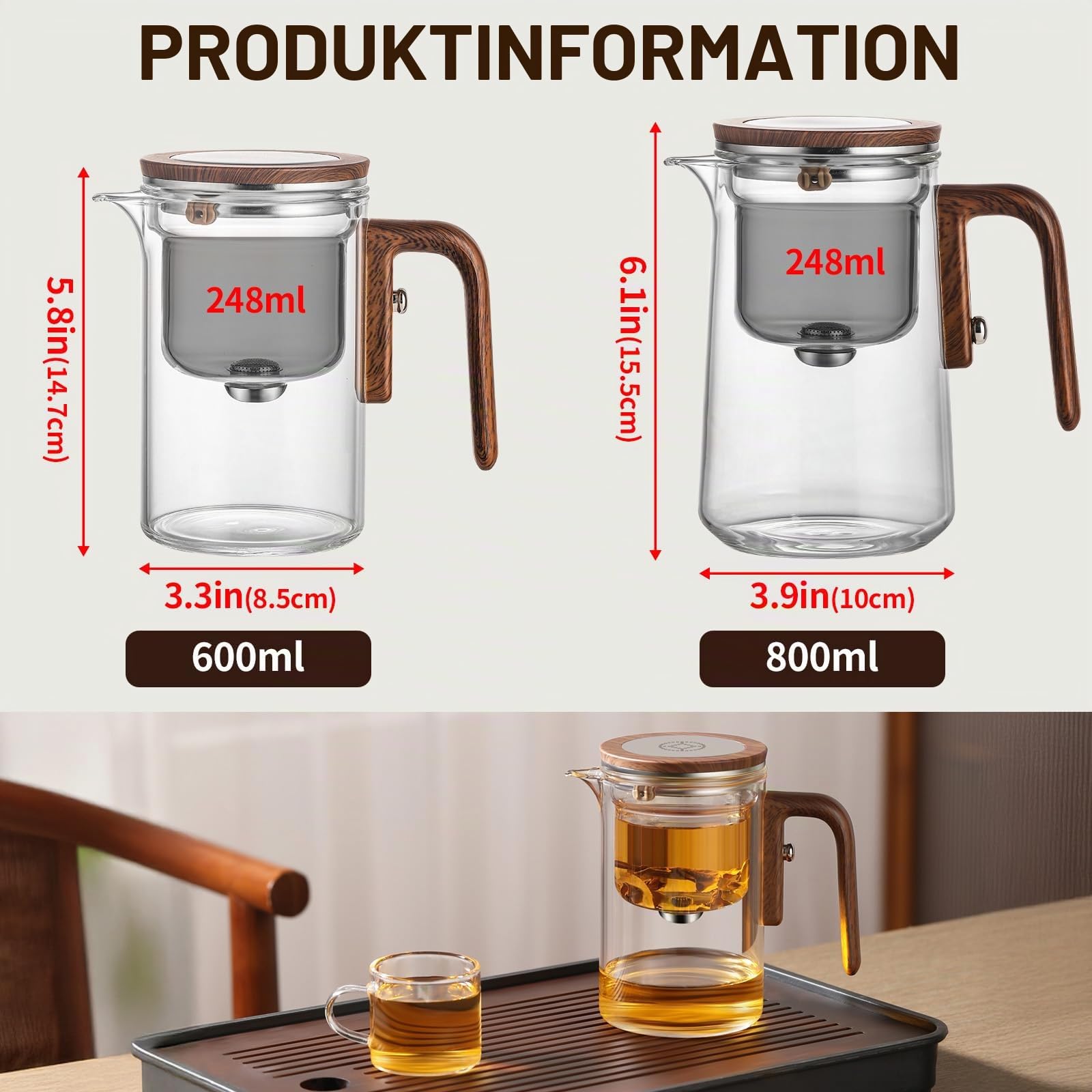 Wassertrennung Glas Teekanne mit Siebeinsatz und Holzimitat-Griff - Magische Teekanne, Innovativem Designs für gleichmäßigen Teegenuss, Transparente Teekannes mit Infusor, Zuhause, Arbeitsplatz(800ml)