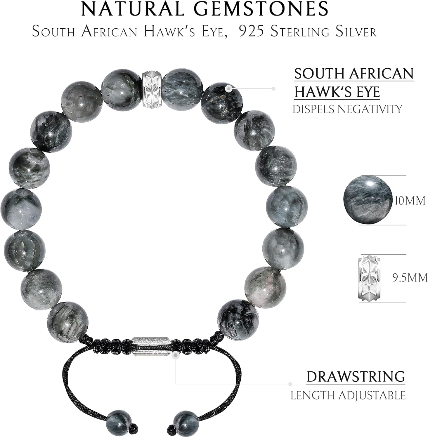 AWNL Hawk's Eye Charoite Beaded Bracelet for Men Sterling Silver Charm Adjustable Braided Protection Bracelet (10mm) Natural Gemstones Gift for Men, 6.1''-7.5''