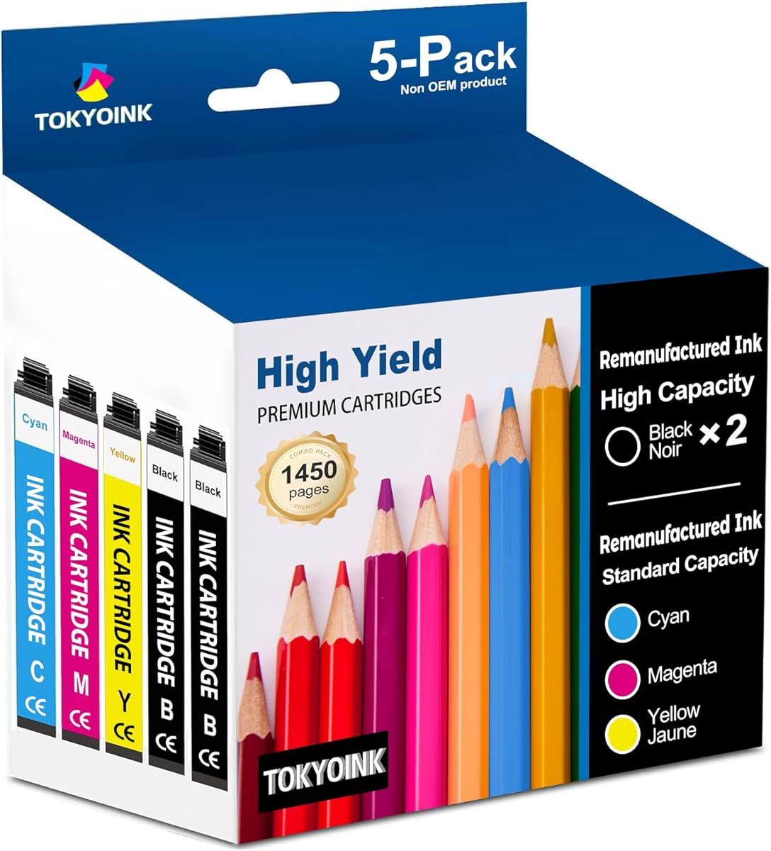 TOKYOINK 222XL Ink Cartridges Combo Pack Remanufactured Replacement for Epson 222 Ink Cartridge 222XL 222 XL Works for WF-2960, XP-5200 Printer (2Black, Cyan, Magenta, Yellow 5 Pack)