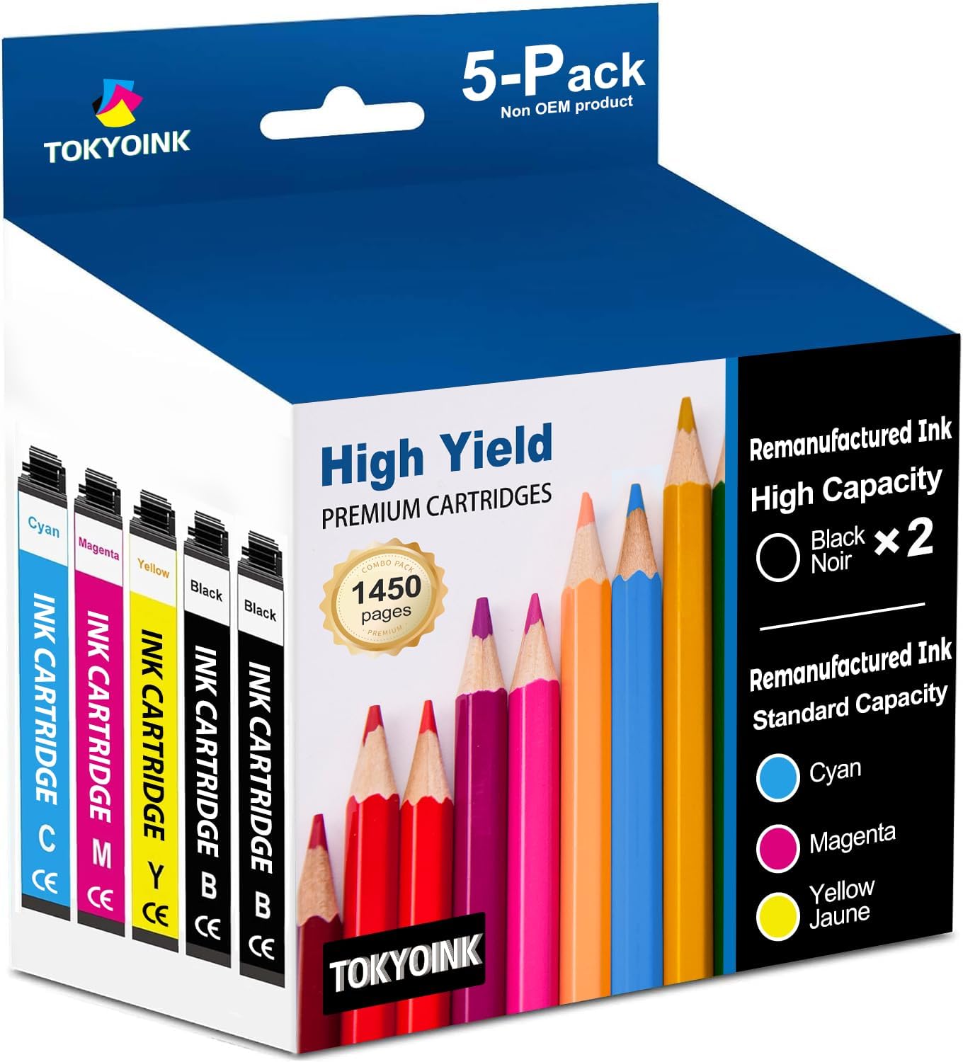 TOKYOINK 222XL Ink Cartridges Combo Pack Remanufactured Replacement for Epson 222 Ink Cartridge 222XL 222 XL Works for WF-2960, XP-5200 Printer (2Black, Cyan, Magenta, Yellow 5 Pack)