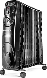 Aigostar Black Forest 33JIF – Radiador de aceite con ruedas y 13 elementos, 2500 Watios, dispone de 3 ajustes de potencia y control termostático de temperatura. Diseño exclusivo.