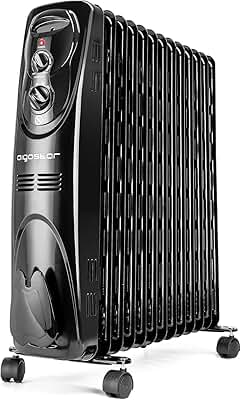 Aigostar Black Forest 33JIF – Radiador de aceite con ruedas y 13 elementos, 2500 Watios, dispone de 3 ajustes de potencia y control termostático de temperatura. Diseño exclusivo.