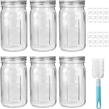 6 Pack 1000ml Clear Glass Mason Jars with Silver Metal Lids
