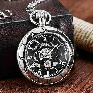 UIOXAIE Pocket Watch Mechanical Pocket Watch Hand Wind Fob Chain Watch Without Battery Clock Men Sliver Roman Numbers Engraved Watch,Mechanical Watch 3