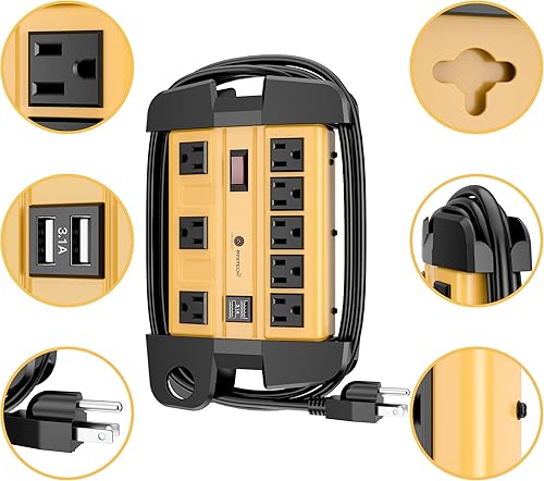 Miniatura 4 de Regleta de protección contra sobretensiones resistente de 8 salidas con 2 puertos USB, cable de alimentación de 1800 julios de 9 pies y amplio