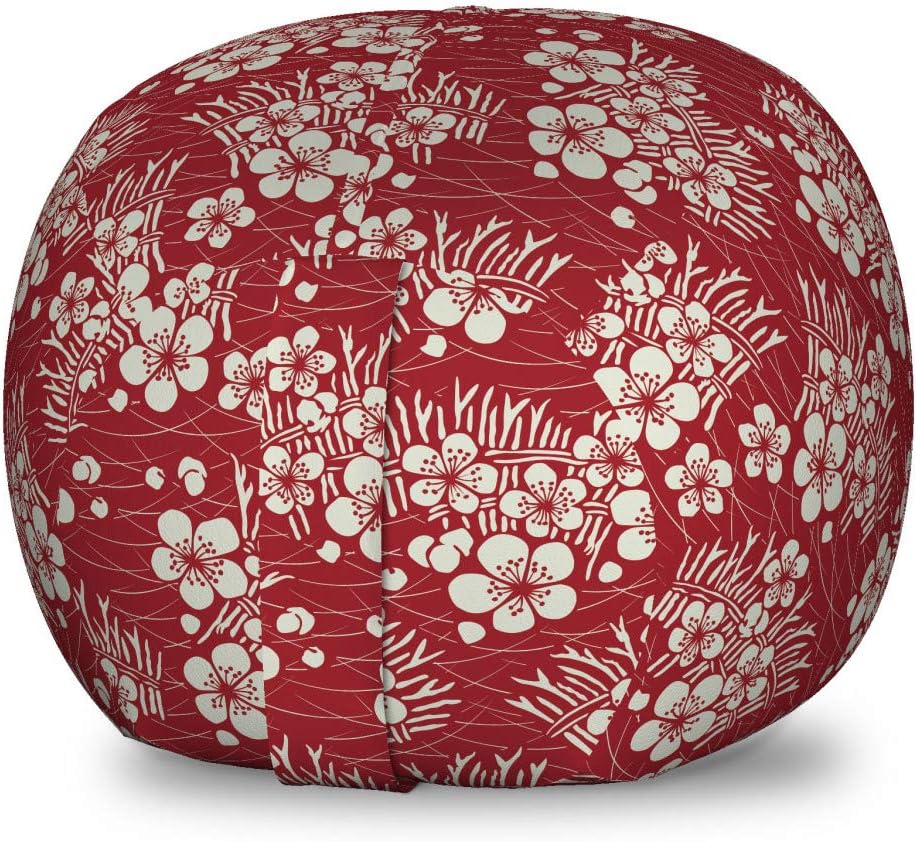 Ambesonne Cherry Blossom Storage Toy Bag Chair, Scattered Bale of Hay Illustration Randomly Placed Cherry Flowers, Stuffed Animal Organizer Washable Bag, Large Size, Ruby and Eggshell
