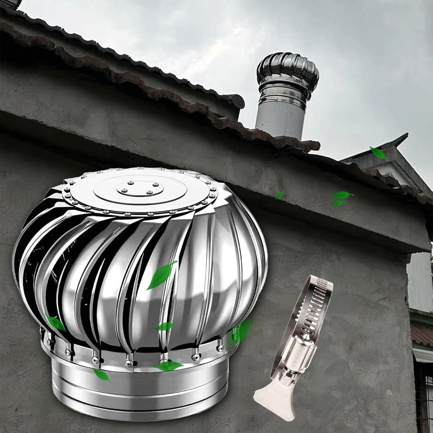 Stainless Steel 304 Wind Roof Vent Cap - Unpowered Attic Ventilator with Clamps for Efficient Airflow(18in)