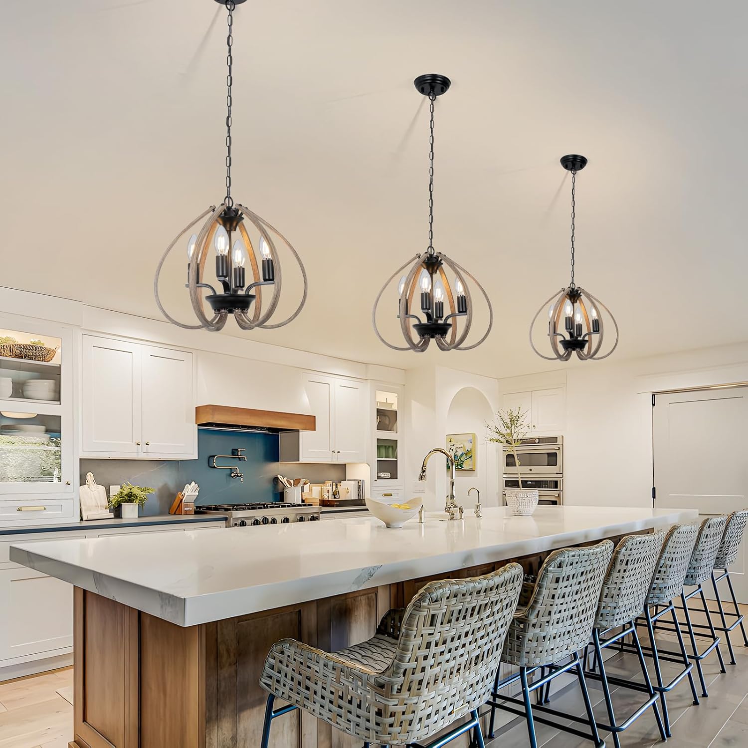 4 Light Farmhouse Chandelier Pendant Light，13.7" Small Faux Wood Farmhouse Chandelier Kitchen Island Lighting,Rustic Semi Flush Mount Ceiling Light for Dining Room Entryway Foyer Hallway.
