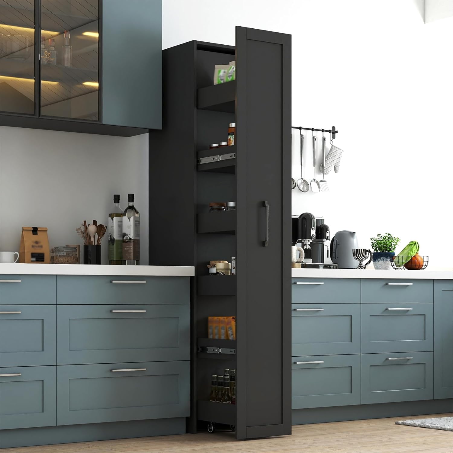 7 Tier Slim Storage Cart, Rolling Spice Rack Next to Fridge Slim, Standing-Shelf with Wheels, Wooden Narrow Buffet Server Storage Shelf for Living Room & Narrow Spaces