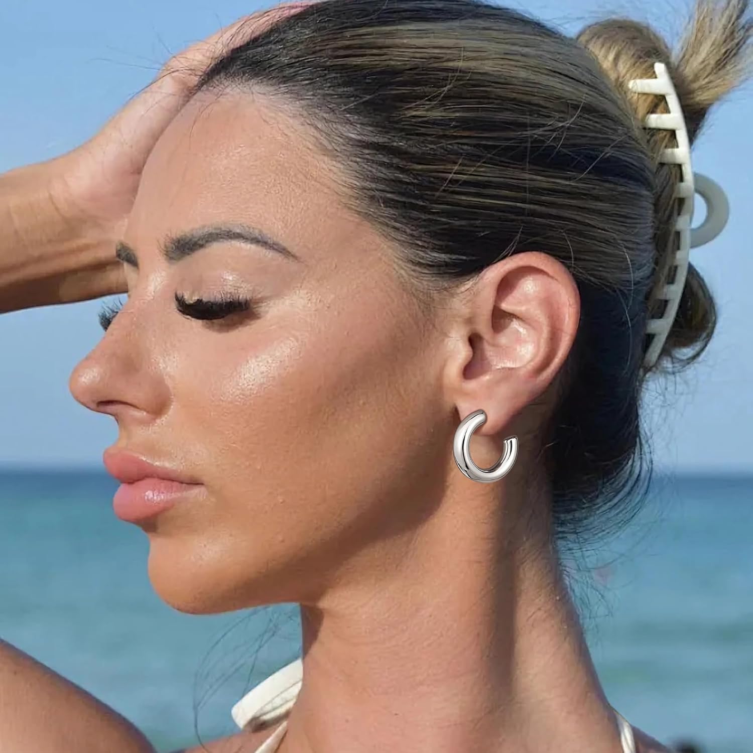 Gacimy Chunky Hoop Earrings for Women 14K Gold Plated, 925 Sterling Silver Post Hoops for Women - Image 2