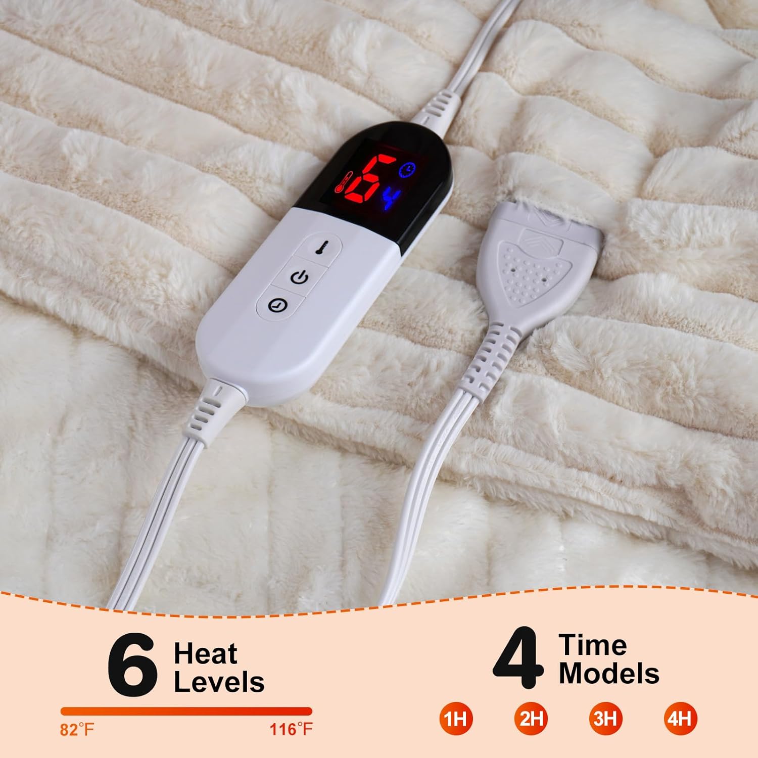 Heated Electric Blanket Throw: 6-Level Fast Heating, 4-Hour Auto-Off, Soft&Warm Stripe Faux Rabbit Fur, for Couch Home Office, with Overheating Protection & ETL Certified(50 x 60,Milky White) - Image 3