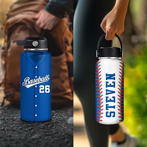 Vista 67 de Hyturtle Botella de agua de béisbol personalizada, botella de acero inoxidable aislada de viaje con tapa a prueba de fugas, 18 onzas, 32 onzas