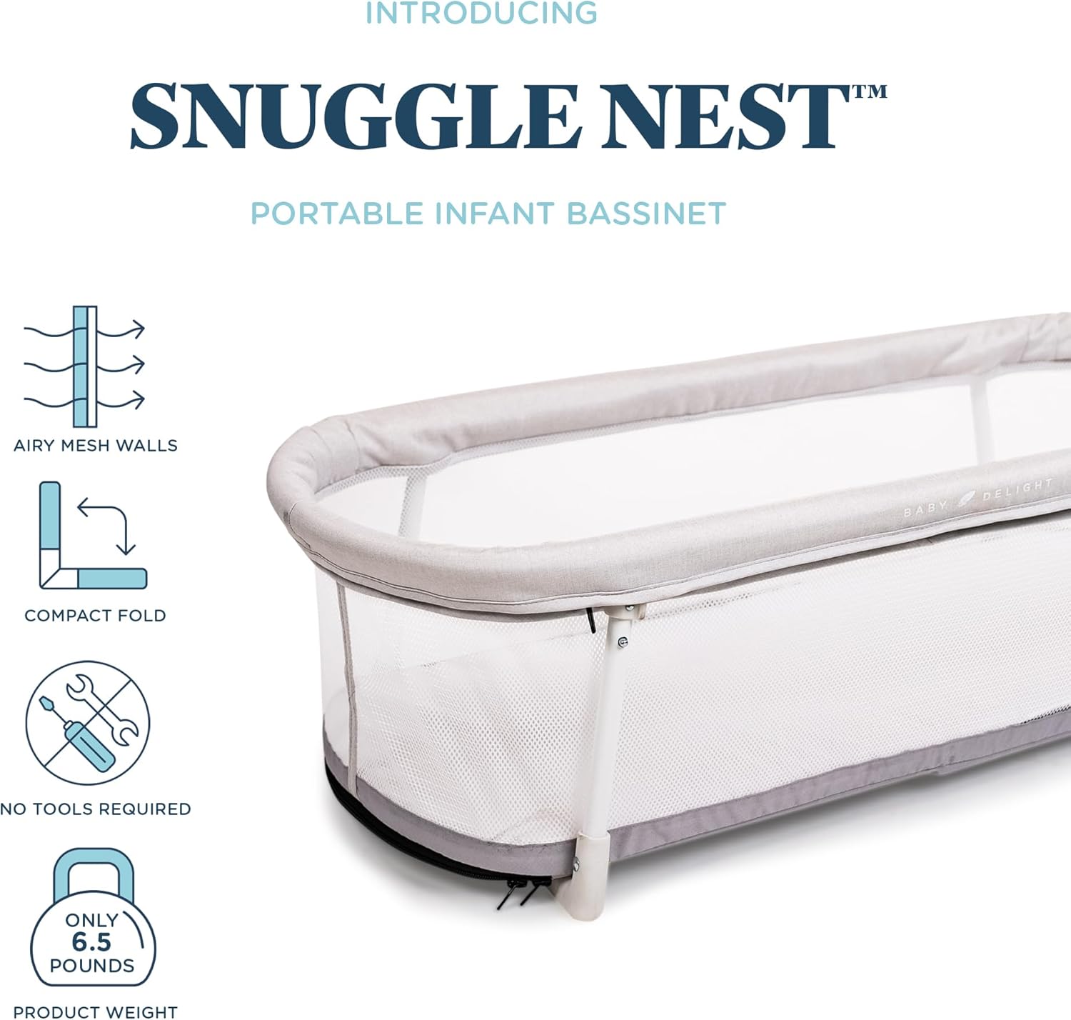 Snuggle Nest Bassinet features: airy mesh walls, compact fold, no tools required, only 6.5 pounds product weight