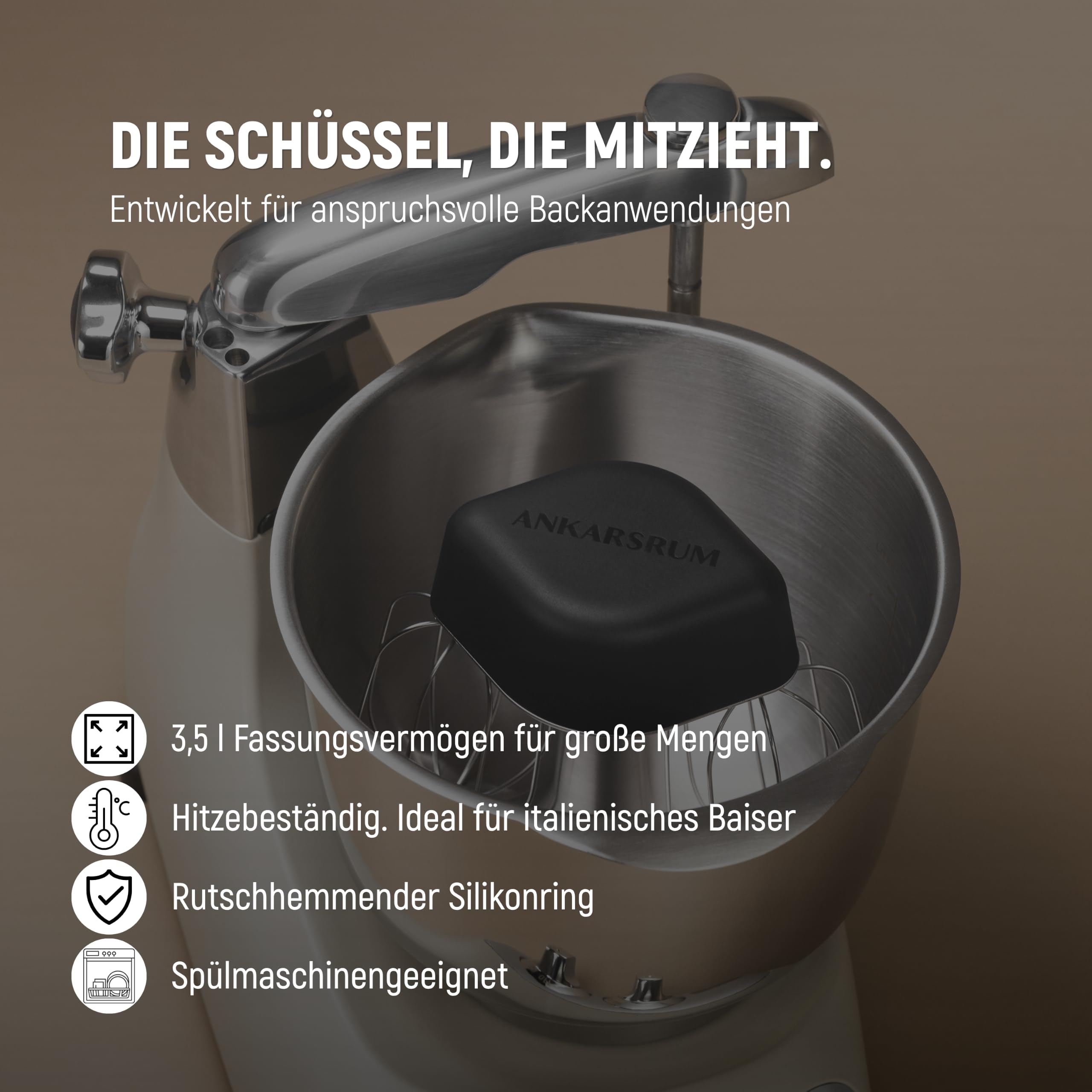 ANKARSRUM 3,5 Liter Edelstahlrührschüssel, ideal zum Backen | spülmaschinenfest, hitzebeständig, mit Silikonring, Zubehör für Assistent Original N1-N30