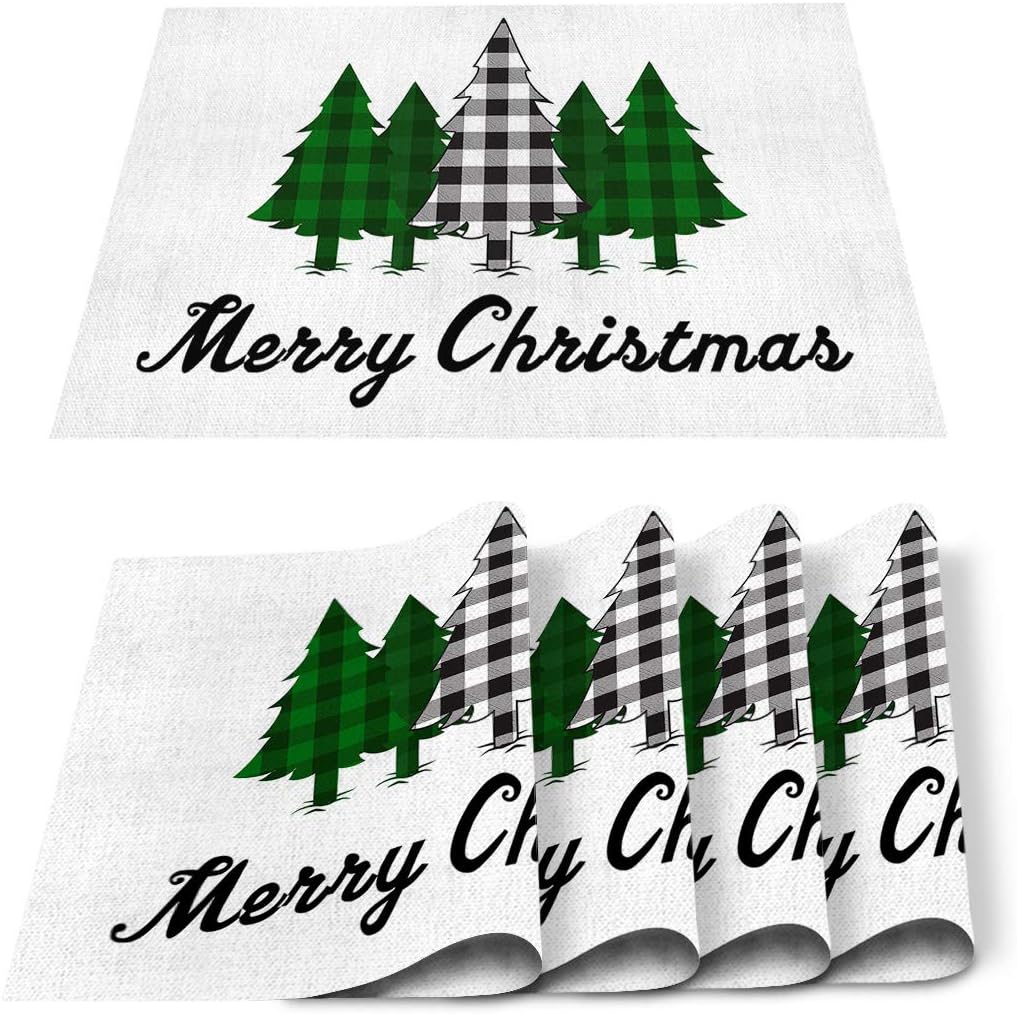 T&H XHome Non-Slip Placemats for Dining Table,Black White Green Checked Christmas Tree Washable Table Mats Heat Resistant Stain Resistant Kitchen Table Placemat Set of 6