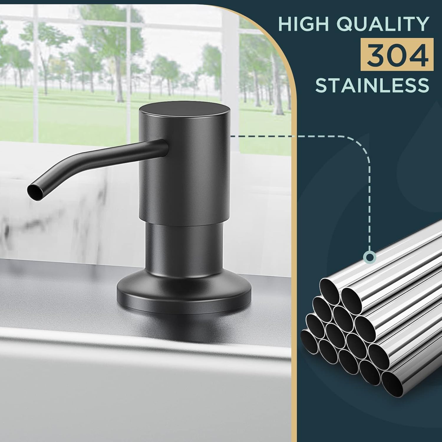 Diagram highlighting the use of high-quality 304 stainless steel in the soap dispenser construction