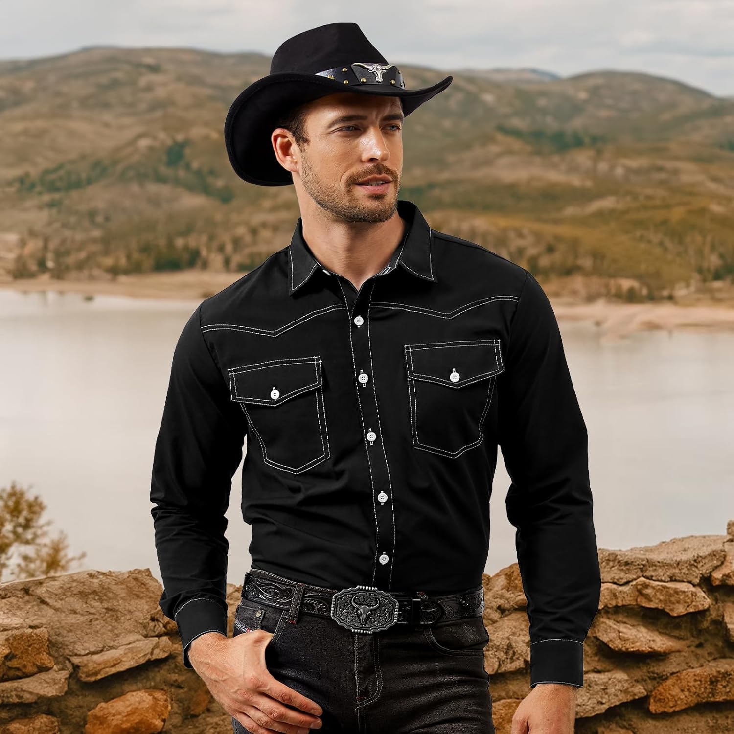 Cowboy Shirts for Men Western Casual Work Long Sleeve Plaid Button Down Shirts Vintage Country Style Slim Fit Top - Image 2