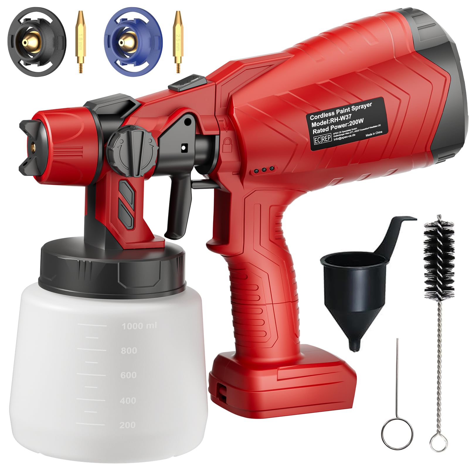 Akku Farbsprühsystem für Milwaukee 18V M18, Kabellose Sprühpistole mit 2 Düsen und 1L Tank, ohne Akku, für Holz/Möbel/Geländer