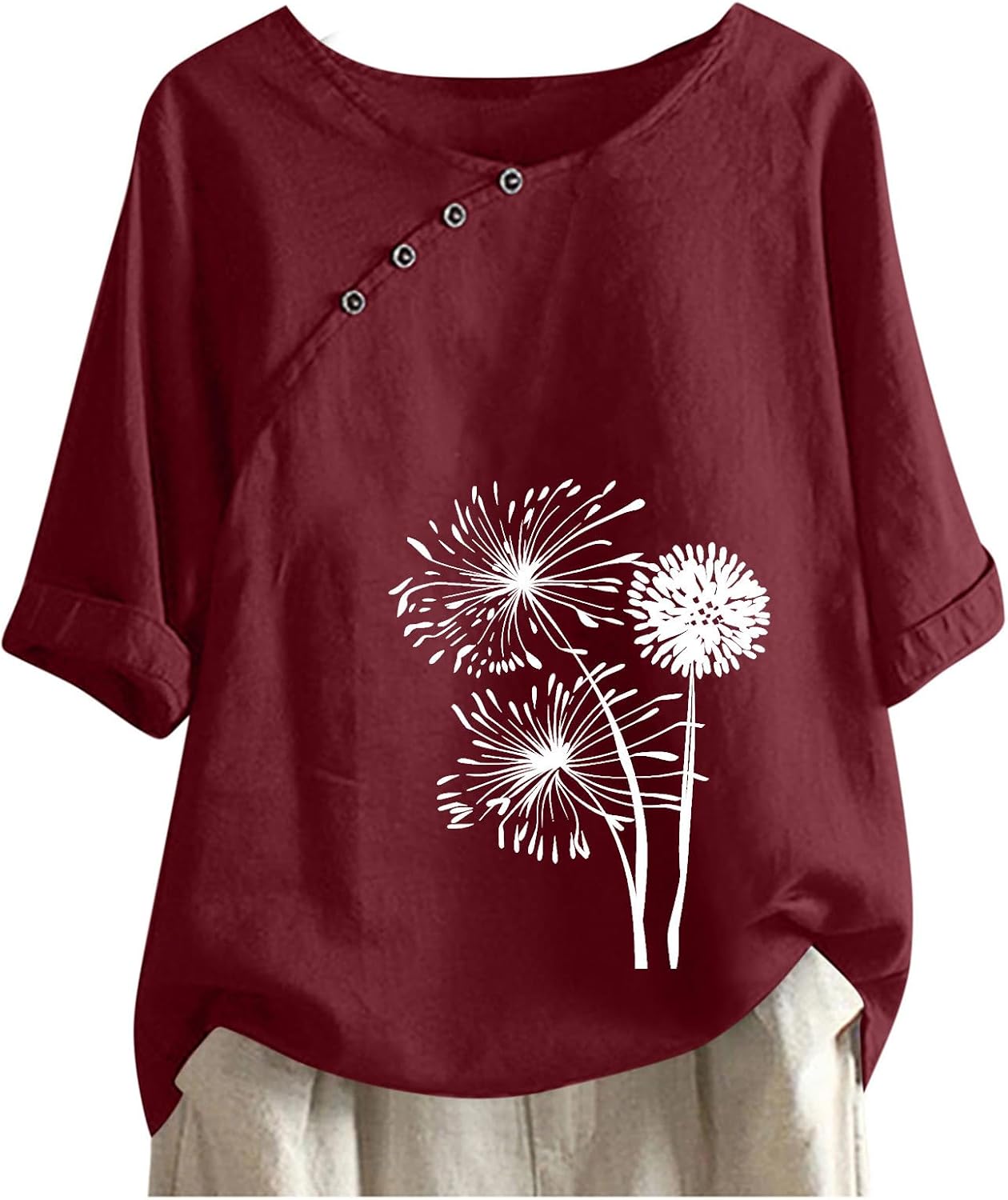 Womens Cotton Tops,Womens Graphic T Shirts Summer Cotton Linen Blouse Short Sleeve Crew Neck Shirt Floral Print Tops with Buttons 2025
