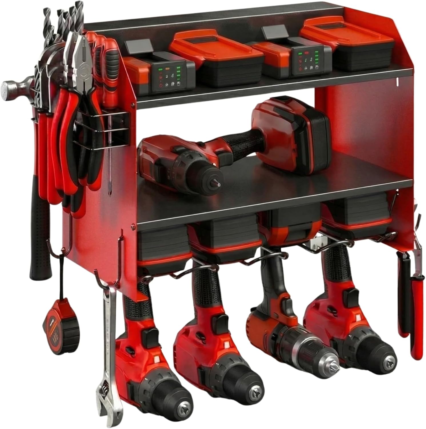 Heavy Duty Wall Mount Tool Organizer – 4 Drill Holders, Pegboard, Side Racks – Garage Storage Rack for DIYers – Metal Power Tool Shelf, Easy Install – Red