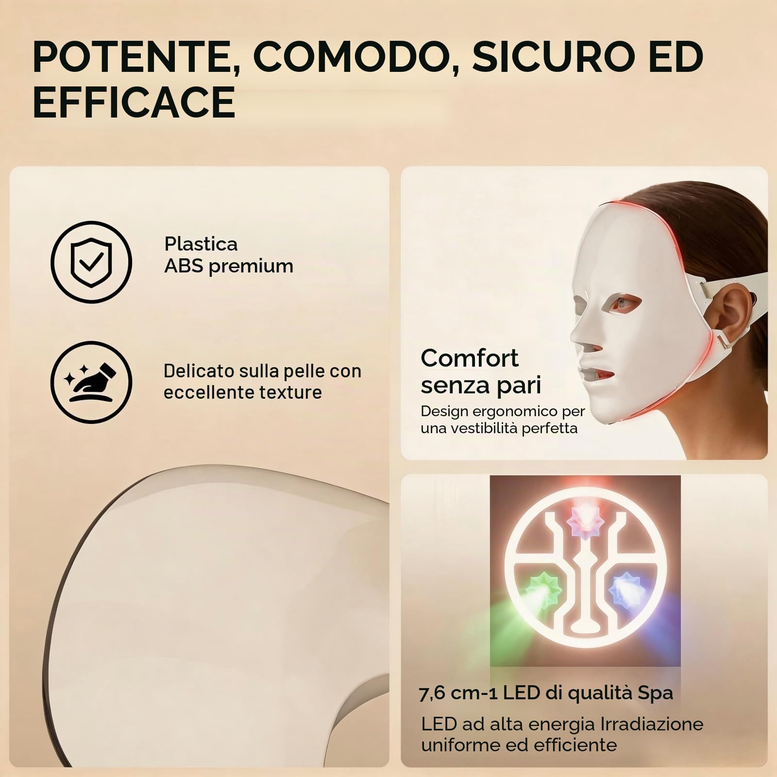 Maschera Viso LED 7 Colori Portatile con Controller Cablato Intensità Regolabile Silicone Morbido Cura Viso Casa Viaggio