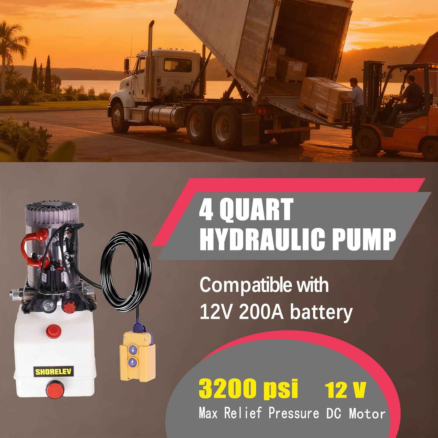 12V DC Double Acting Hydraulic Power Unit, 4L Plastic Reservoir, for Dump Trailers, Farm Equipment, Utility Trailers, and Marine Applications