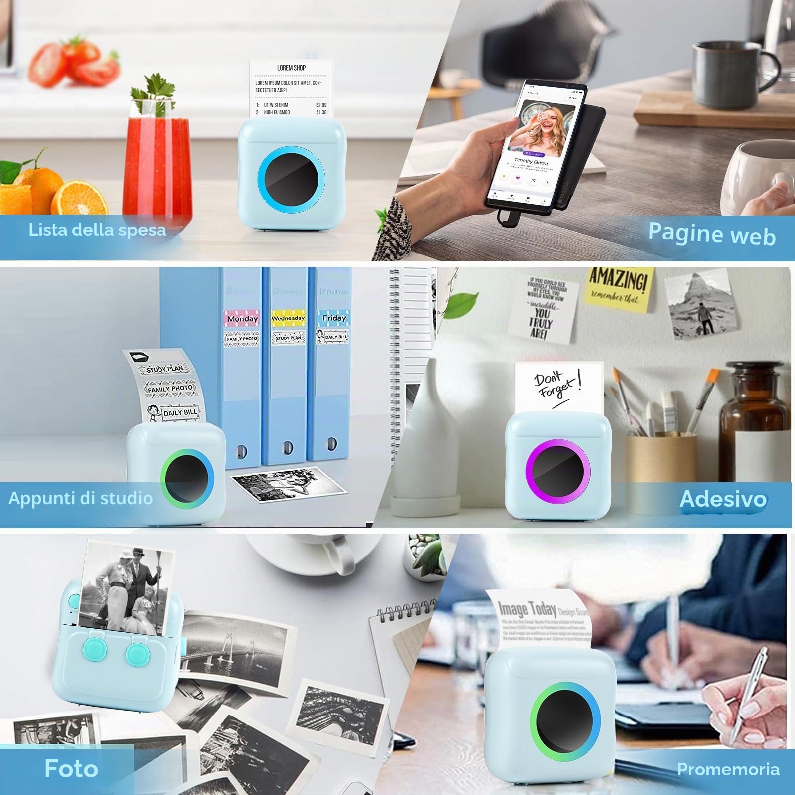 Mini Stampante Fotografica, Mini Stampante Termica, Stampante Fotografica Istantanea Portatile con LED colorati, Mini Stampante Termica Bluetooth con Ricarica USB Stampante, per Note, Elenco, Memo