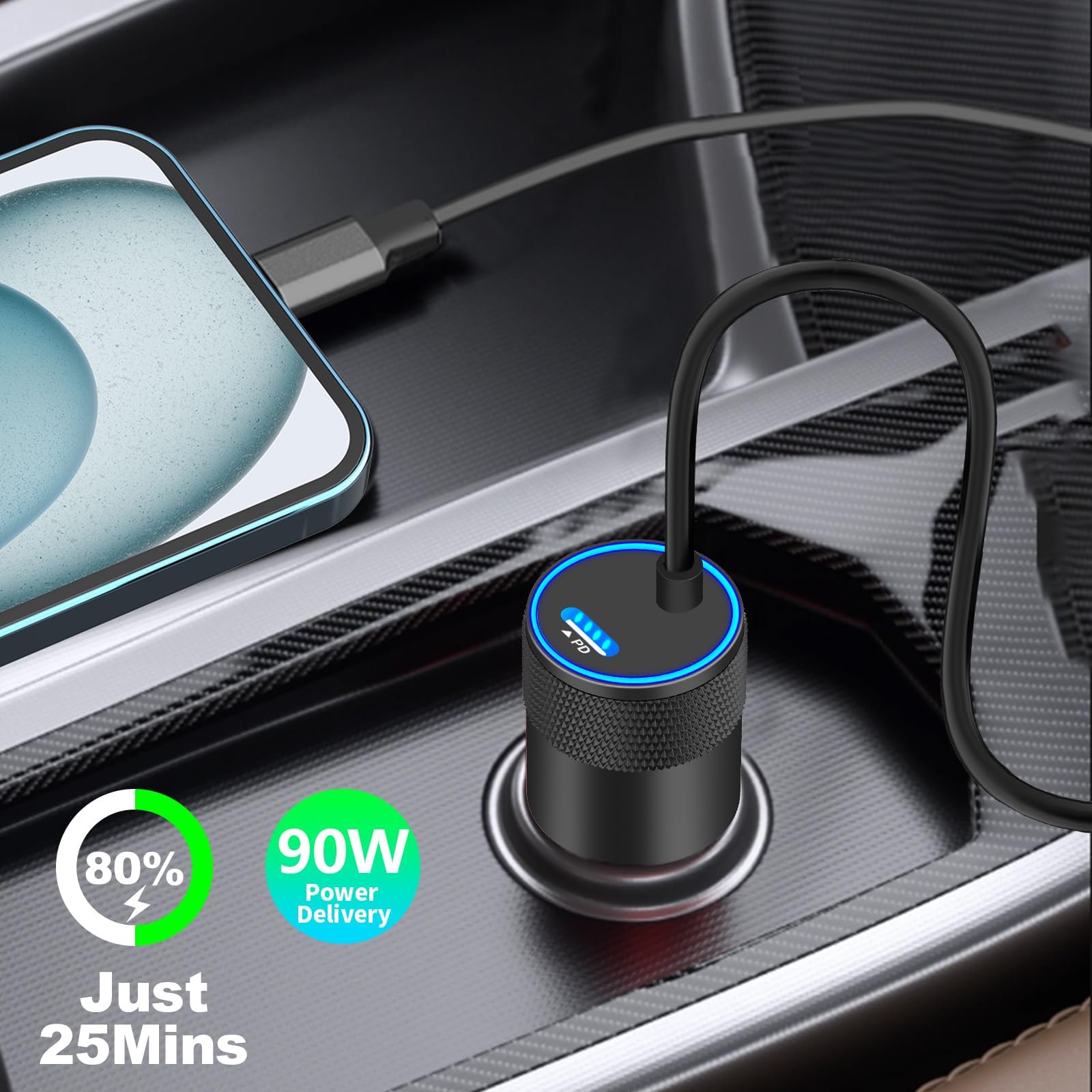 【MFi Certified】 iPhone 15 Fast Car Charger, Rombica 90W Dual PD Car Power Adapter USB-C Car Charger Fast Charging Cigarette Lighter with 6FT Type-C Cable for iPhone 15 Pro/15 Pro Max/Galaxy S24/Pixel