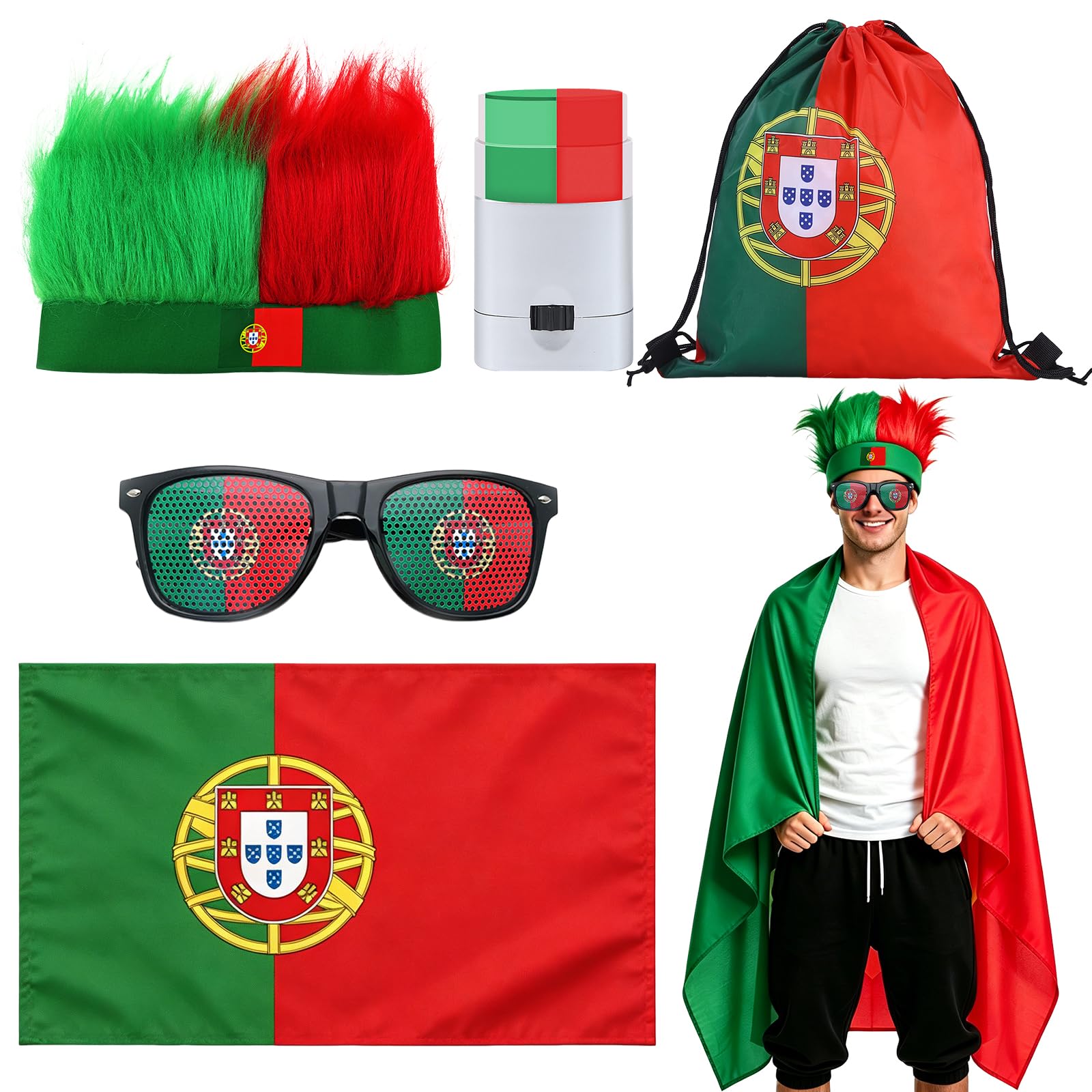 Aitsite Portugal World Cup 2026 Merchandise Set, Portugal Flag Cape&Glasses&Wig for Football Fans, Fan Kit for Sports Events Festivals Parades World Cup Football 2026
