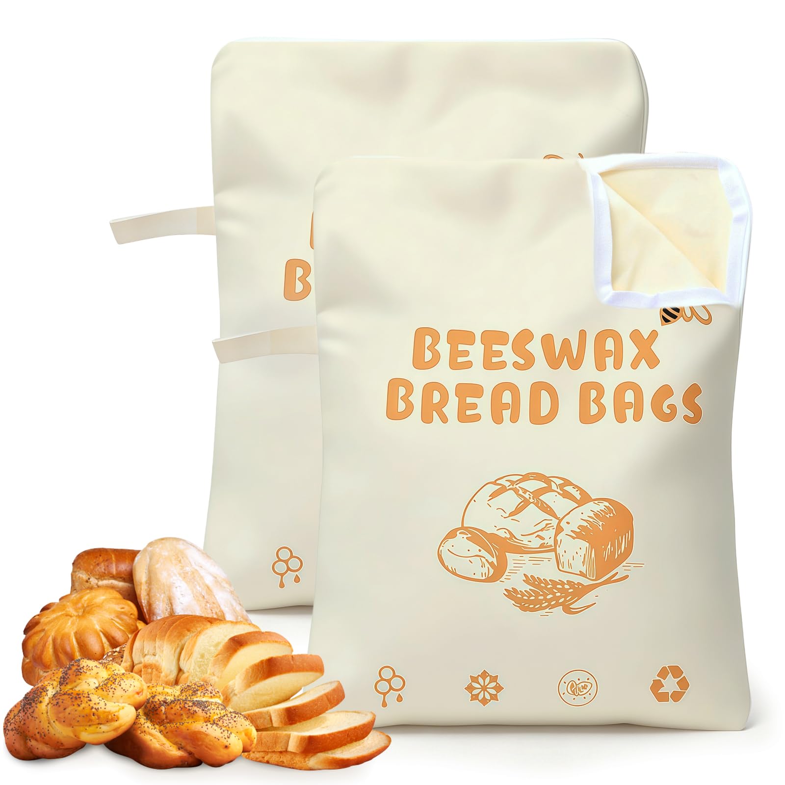 Kangbes Beige 2Pcs Beeswax Bread Bag For Homemade Bread & Sourdough 17X13 Inch, Reusable Extra Large Organic Beeswax Food Storage Bag For Loaf Bread, Freezer-Friendly & Freshness Preservation