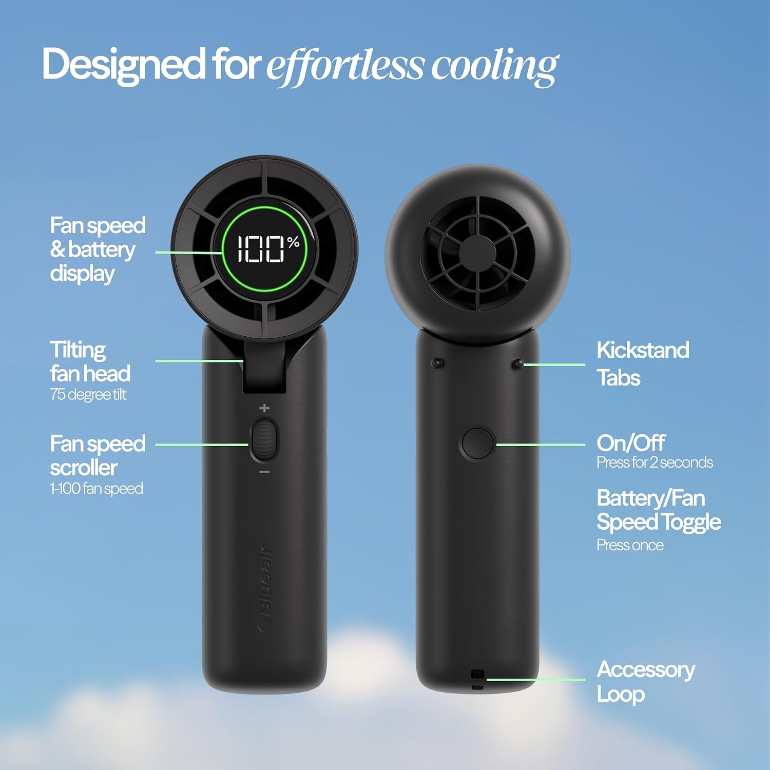 BLUEAIR AlwaysCool Portable Handheld Fan F7, 32H Battery, Quiet Personal Cooling with Strong Airflow, USB-C Rechargeable, Compact Travel & Desk Fan – Graphite