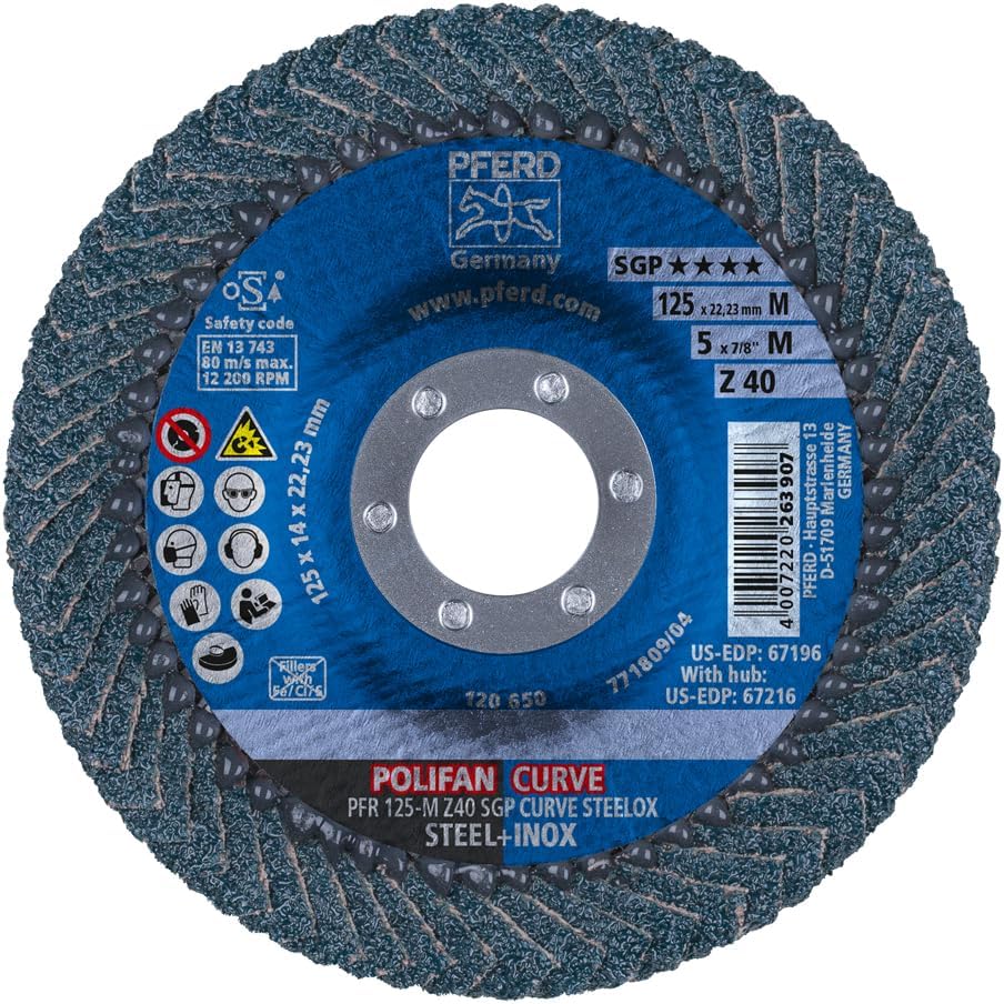 PFERD POLIFAN®-Curve Radial Type Flap Disc - 5" x 7/8", 40 Grit Zirconia, For Steel and Stainless Steel (INOX) Grinding - Pack of 1 - Part 67196
