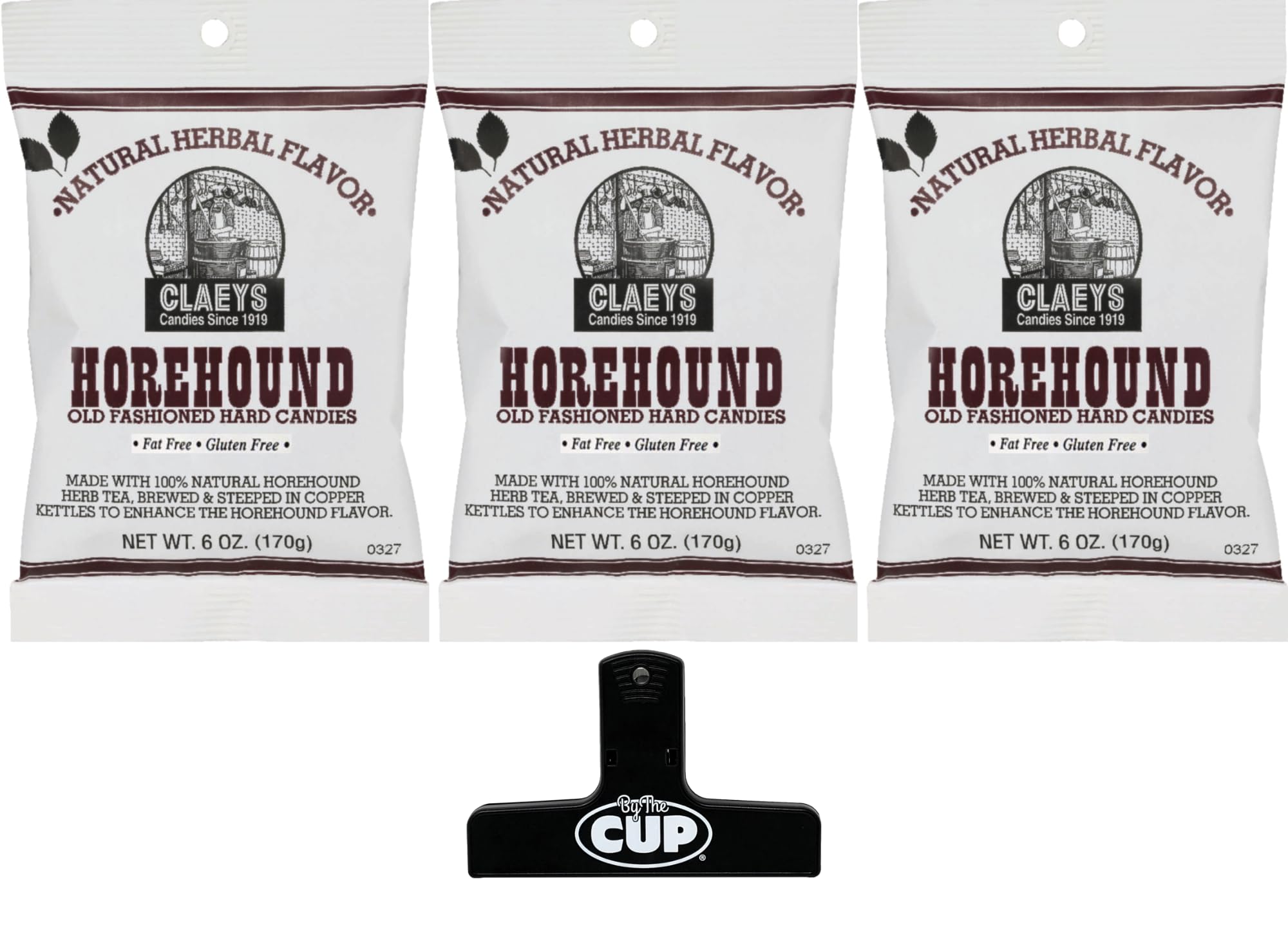 Claeys Old Fashioned Sugared Hard Candy, Natural Horehound Flavor, 6 oz (Pack of 3) with By The Cup Bag Clip