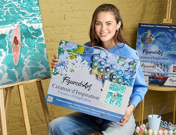 Figured'Art Peinture par Numéro Adulte avec Cadre Fille parmi les vagues - Activité Manuelle Kit de Loisir Créatif DIY Numéro d'Art Complet - 40x50cm toile tendue sur châssis - 2
