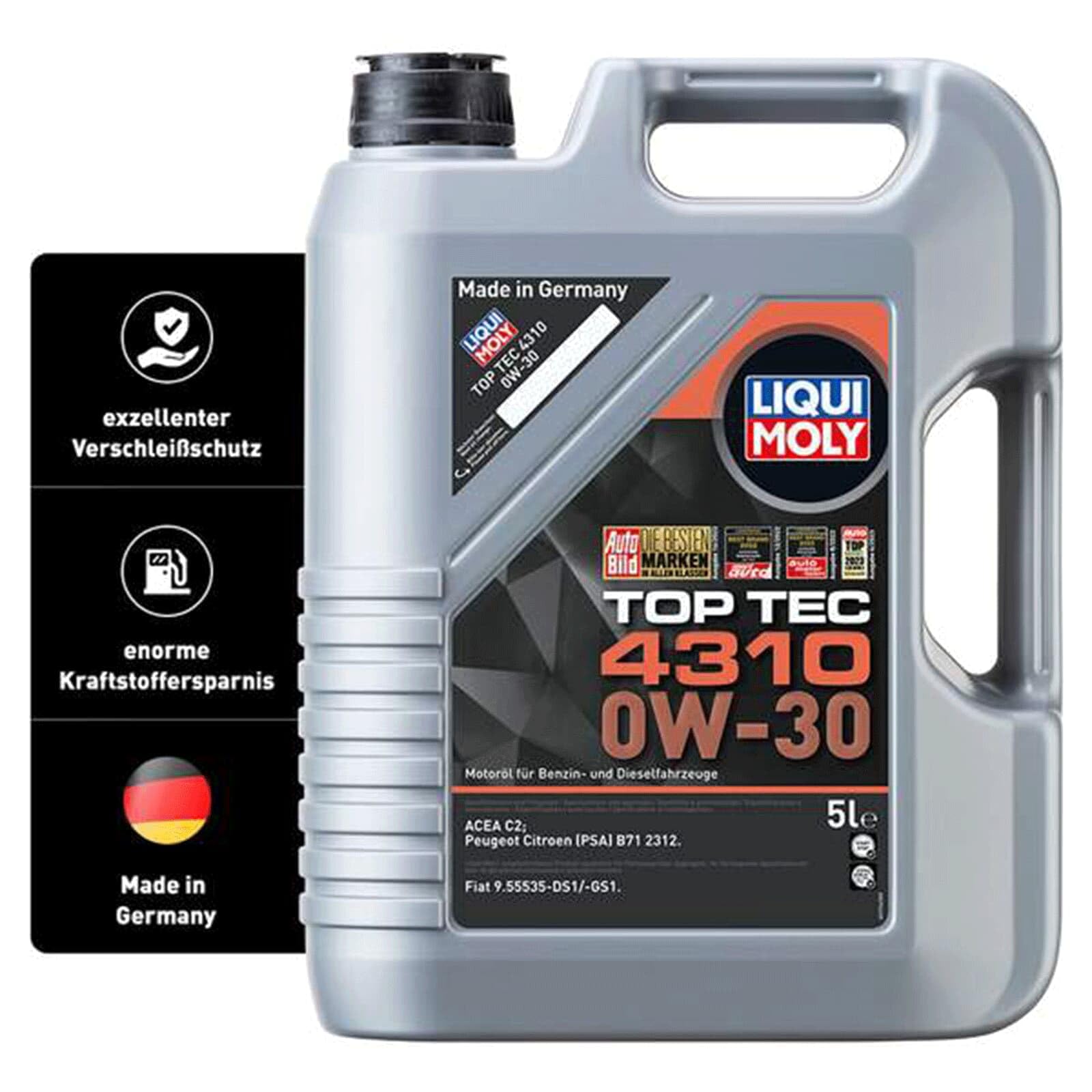 LIQUI MOLY Aceite de motor 0W-30 Top Tec ACEA C2 4310 5L Compatible con PEUGEOT 208 I Hatchback CA, CC 2008 I A94, CU 107 Hatchback PM, PN, KIA RIO III UB, CITROËN C1 PM, PN | 3736 / 2362, Top Tec 4310 0W-30