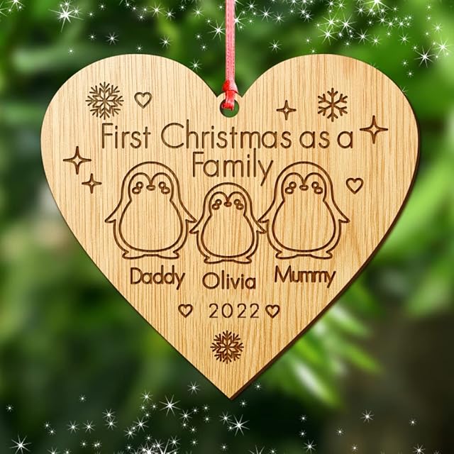 howson london Personalised Christmas Xmas Tree Bauble Wooden Xmas Family Tree Ornament Decoration Engraved Xmas Gift For Family For Couple (Penguins)