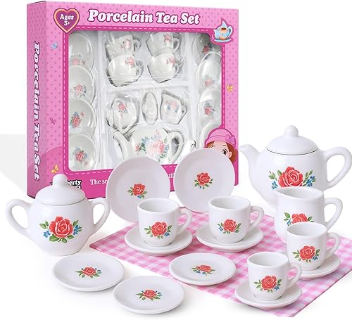 Miniatura 7 de Juego de té de cerámica de porcelana en miniatura floral de 17 piezas, juego de simulación para niños, juego de cocina pequeño, muñeca divertida